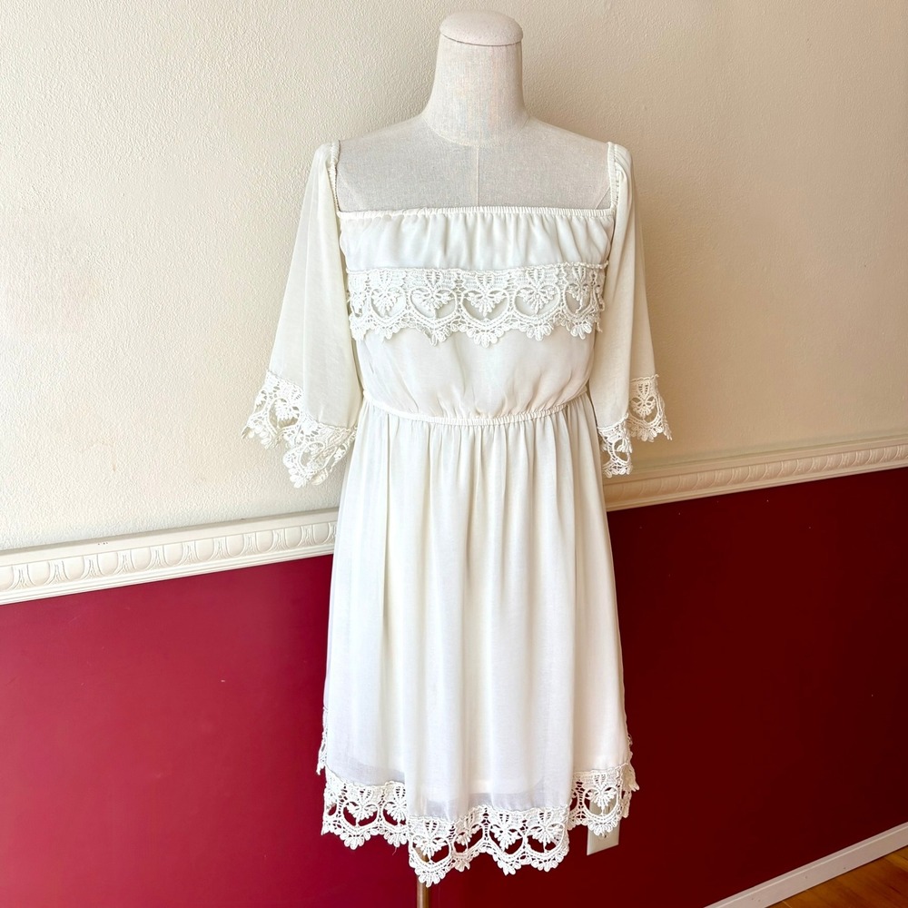 Umgee USA Ivory Crochet Lace Trim Mini Dress Off Shoulder Boho Peasant Women's M